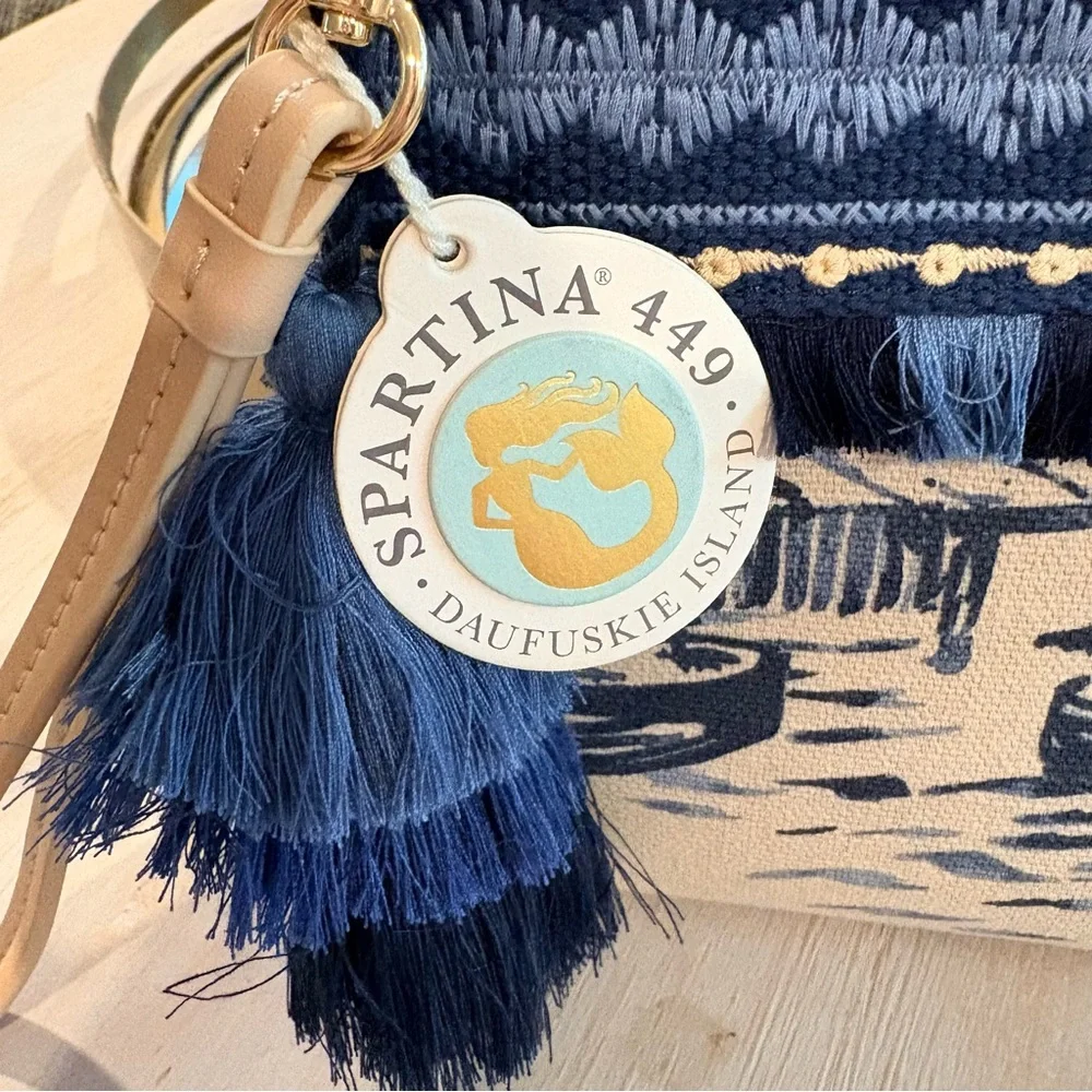 Spartina 449 Daise Seascape Wristlet Navy & Natural Canvas Tassel - Picture 3 of 6
